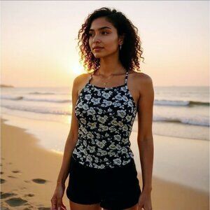 Floral Halter Neck Tank Top – Black & White Print, Tie-Back, Stretch Fit S